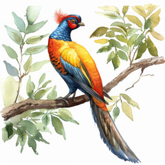 Vibrant watercolor painting of a colorful pheasant perched on a tree branch, surrounded by foliage.