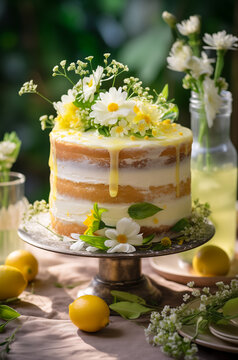 Lemon curd cake decorated with fresh flowers on cake stand. Vertical, side view.