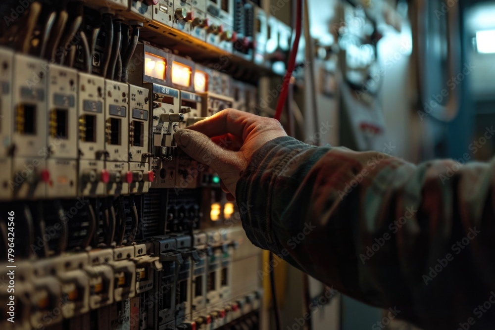 Poster person pressing button on control panel, suitable for technology concepts