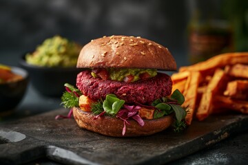 Artisanal beet veggie burger with guacamole and fresh herbs, accompanied by sweet potato fries