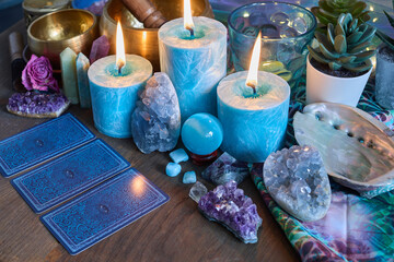 Obraz na płótnie Canvas Mystical Altar with Crystals and Tarot Cards
