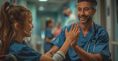 Obraz premium Cheerful Nurse Celebrating with Smiling Child in Wheelchair - Healthcare and Happiness