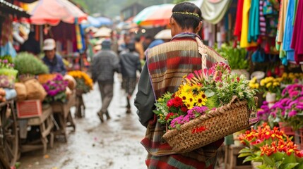A man in traditional clothing walks through the market back to the camera. carries a woven basket filled with freshly picked . .