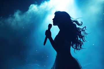 silhouette of a woman with long hair in profile singing into a microphone against a background of blue contrast smoke