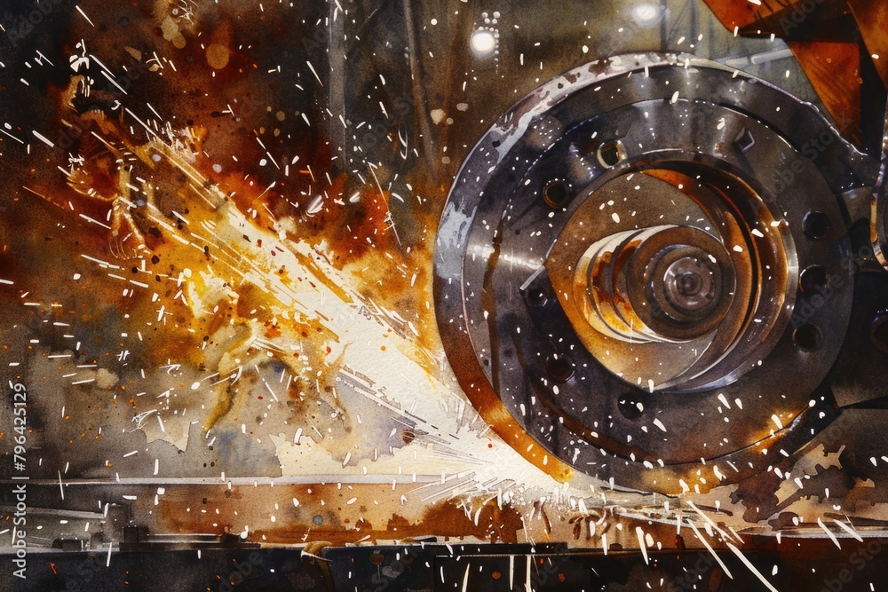 Poster close up of a machine emitting sparks, suitable for industrial concepts