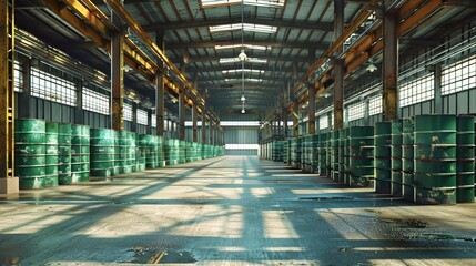 Vacant warehouse filled with rows of green barrels