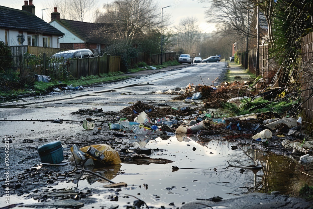 Poster A street littered with trash and garbage. Suitable for environmental awareness campaigns
