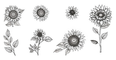 set of beautiful sunflowers monochrome pencil sketch on white background