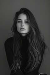 Fototapeta premium portrait of a beautiful woman with a long hair, black and white, real life photo, professional photo