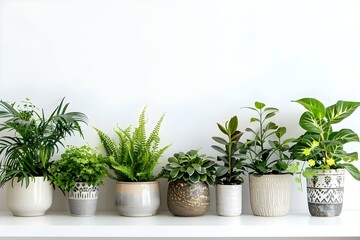 Variety of indoor plants in ceramic pots displayed on white shelf against white wall. Concept Plants, Indoor Decor, Ceramic Pots, White Shelf, Home Design