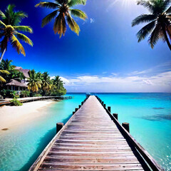 "(((Paradise beach with turquoise water, wooden pier, and tropical palm trees)))  A stunning and photorealistic depiction of a paradise beach setting, featuring crystal clear turquoise waters, a rusti