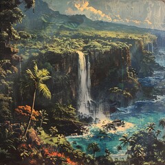 A beautiful painting of a waterfall in a tropical paradise.