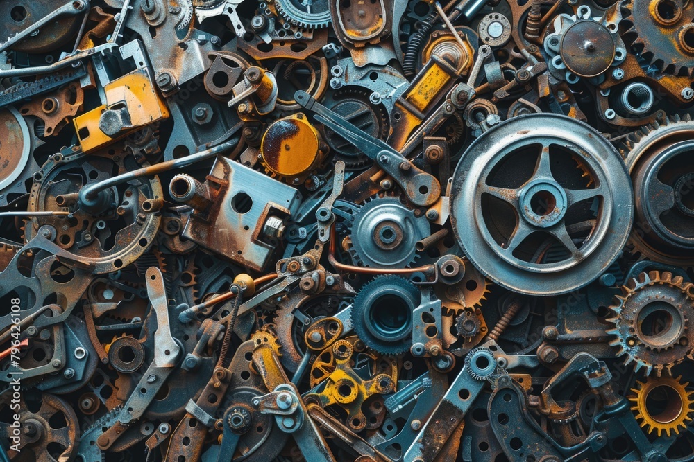Poster a pile of old rusty gears and wheels, suitable for industrial concepts