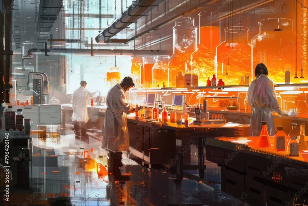 Poster group of people conducting experiments in lab, ideal for scientific projects