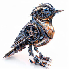 Fototapeta premium A bird made of metal gears and clock parts. The bird is standing on a white background