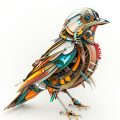Fototapeta premium A bird made of metal gears and clock parts. The bird is standing on a white background