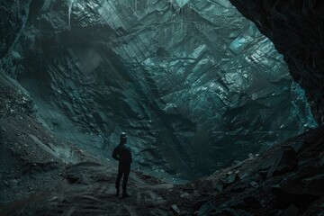 A man standing in a cave gazing at the sky, suitable for adventure and exploration themes