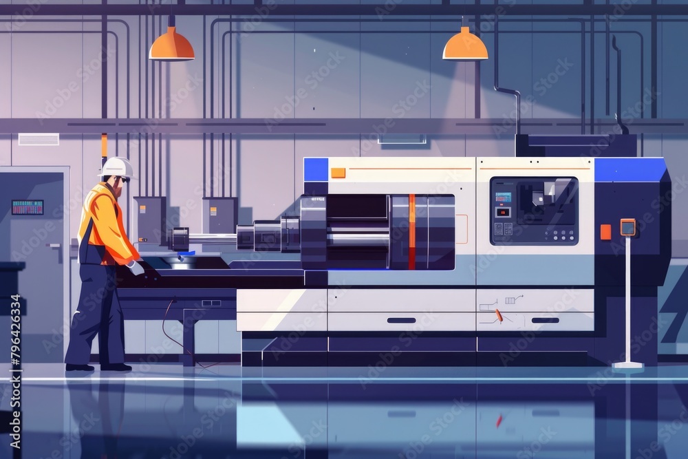 Poster A man standing in front of a machine in a factory. Suitable for industrial concepts
