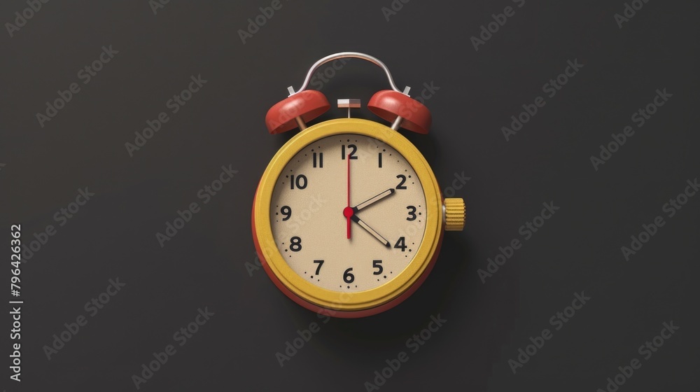 Poster a vibrant alarm clock against a sleek black background. perfect for time management concepts