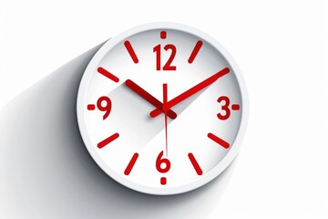 Simple white clock with red hands on a clean white wall. Perfect for time management concepts