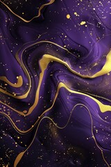 purple background, gold swirls and particles, abstract fluid shapes, gradient effect, glitter...