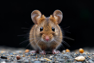 Small brown mouse with big ears sits on rocky ground.