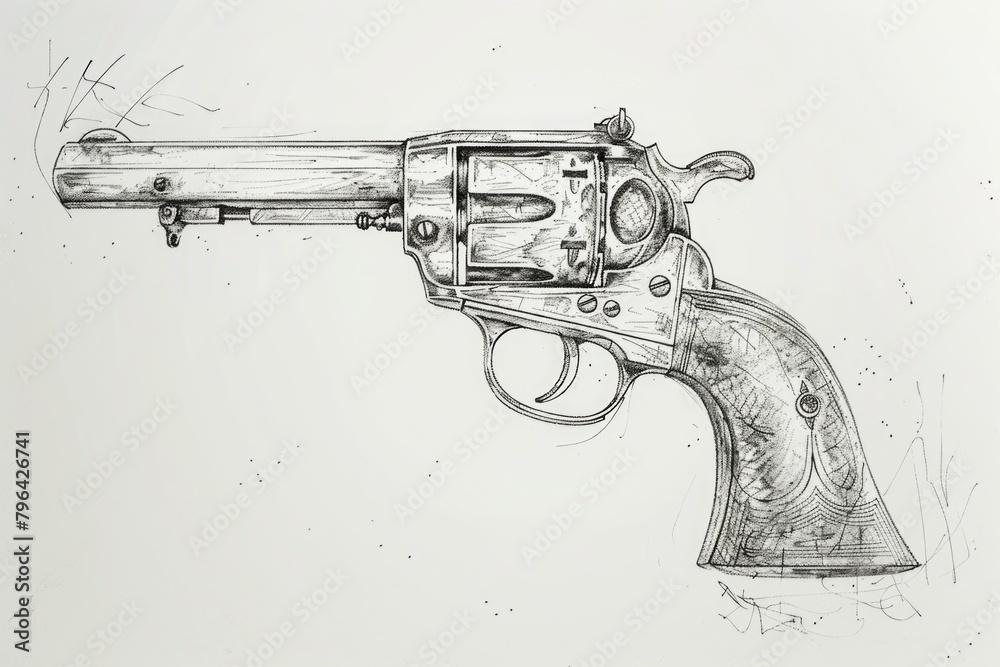Poster drawing of a revolver on a plain white background. suitable for firearms or crime-related concepts