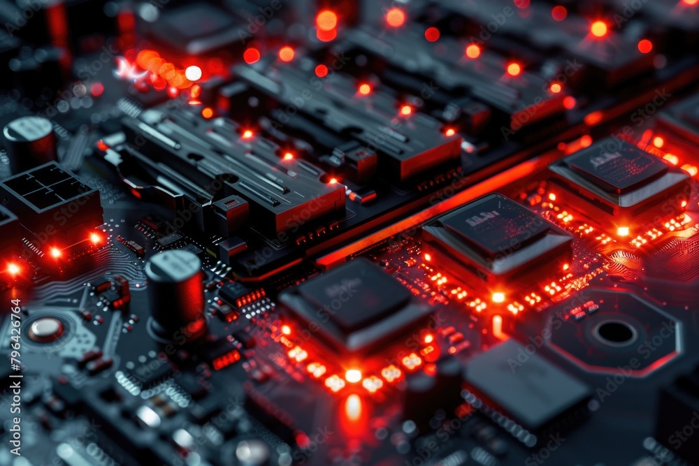 Fototapete detailed shot of a computer motherboard with red lights. perfect for tech concepts