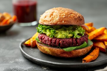 Beetroot burger with lush lettuce and avocado, accompanied by sweet potato fries