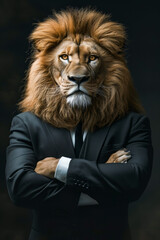 Lion wearing suit and tie with paws crossed in front of it.