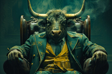 Bull with human body sits in ornate chair wearing suit and tie.