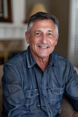 Real customer testimonial photo, head and shoulders portrait, warm smile, authentic background, 