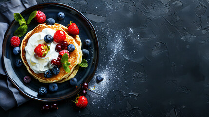 Plate with tasty cottage cheese pancakes sour cream 