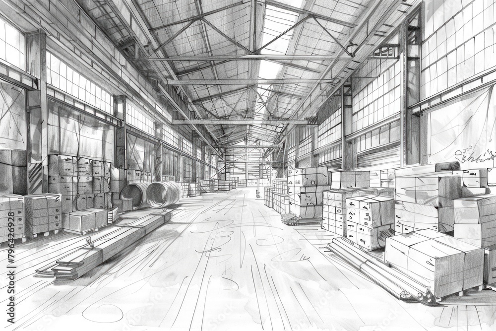 Poster a drawing of a warehouse filled with boxes. ideal for business and storage concepts
