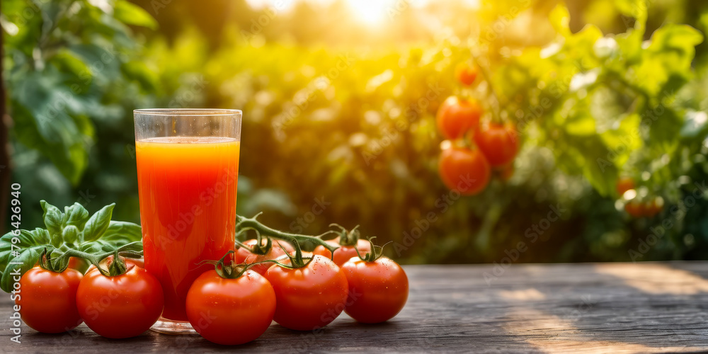 Poster Glass of orange juice sits next to several tomatoes.