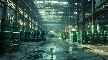 Vacant warehouse filled with rows of green barrels