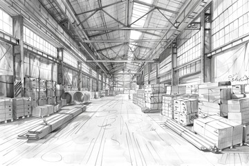 A drawing of a warehouse filled with boxes. Ideal for business and storage concepts