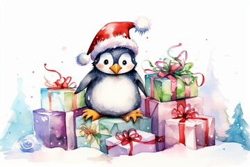 Penguin With Santa Hat and Presents