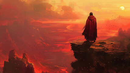 man with red cloak standing on the cliff