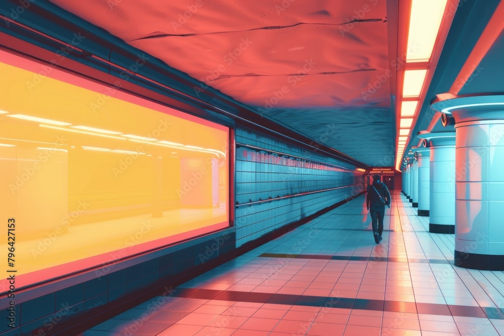 Poster A subway station with a subway train passing by. Ideal for transportation concepts
