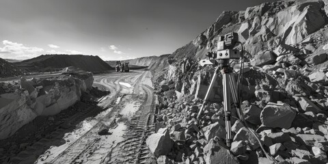 A black and white photo of a camera on a tripod. Perfect for photography enthusiasts