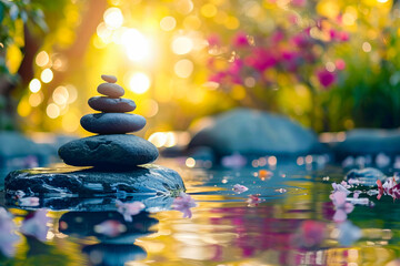 Stack of rocks in pond with flower petal floating on top.