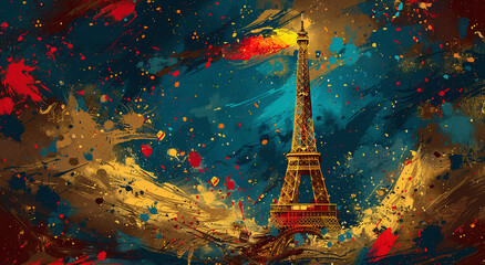 Abstract colorful painting of the Eiffel Tower with vibrant splashes of blue, red, and yellow on a dark background.