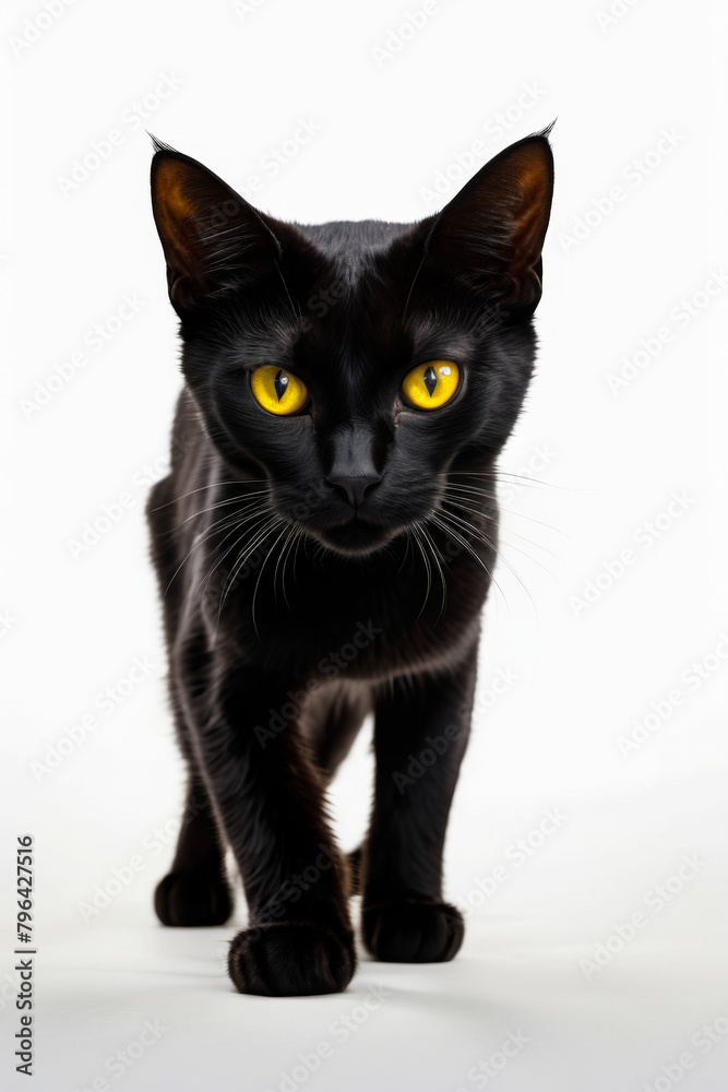 Sticker black cat with yellow eyes stares straight ahead.