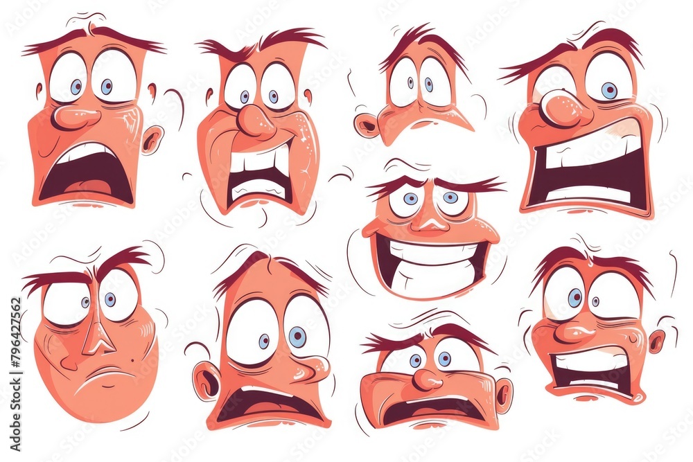 Poster Various cartoon faces with different expressions, perfect for emoticons or character design