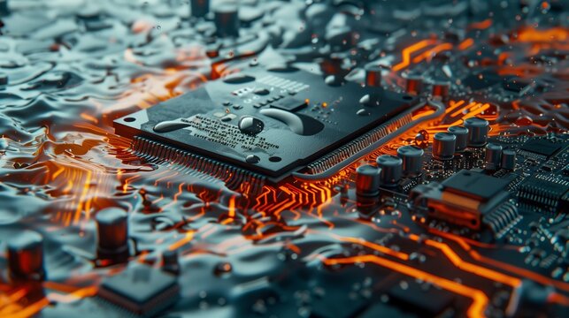 Computer motherboard, chip, Processor with water drops