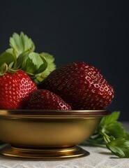 strawberries in a golden bowl on a dark background ai