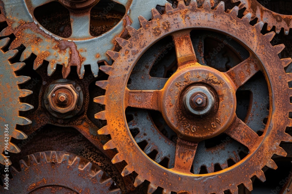 Poster close up of a bunch of rusty gears. suitable for industrial concepts