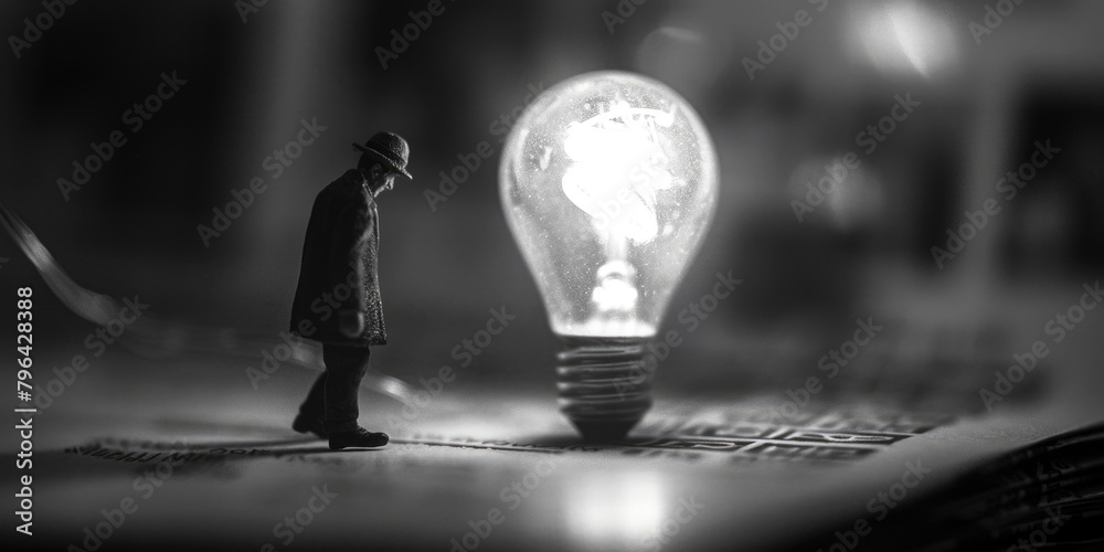 Poster a man standing in front of a glowing light bulb, suitable for business concepts
