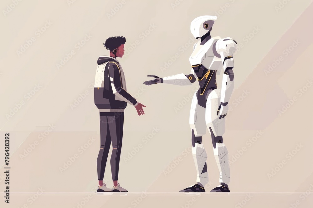 Poster a man and a woman standing next to a robot. suitable for technology concepts